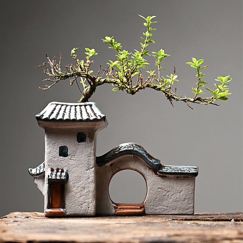 Chinese Antique House Retro Building Ceramic Flower Pot Decoration Garden Bonsai Figurines Miniatures Home Ornaments Free Ship acacuss