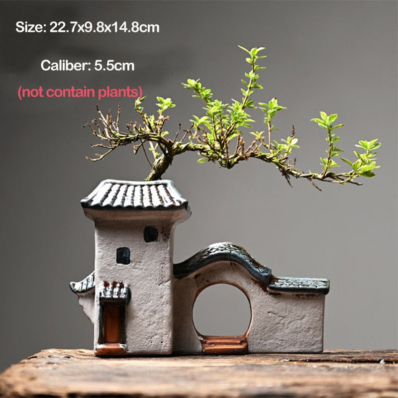 Chinese Antique House Retro Building Ceramic Flower Pot Decoration Garden Bonsai Figurines Miniatures Home Ornaments Free Ship acacuss