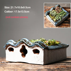 Chinese Antique House Retro Building Ceramic Flower Pot Decoration Garden Bonsai Figurines Miniatures Home Ornaments Free Ship acacuss