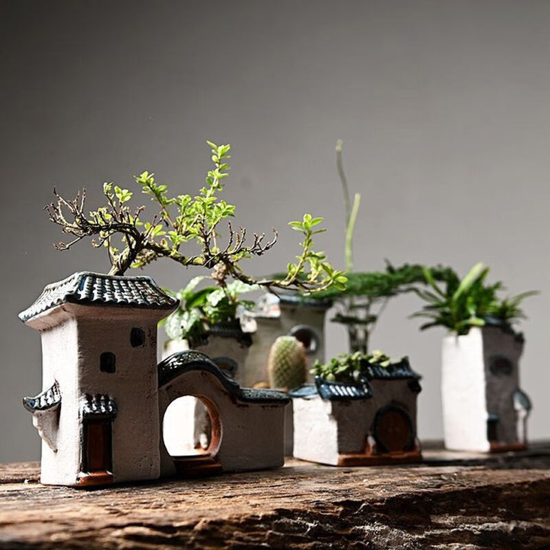 Chinese Antique House Retro Building Ceramic Flower Pot Decoration Garden Bonsai Figurines Miniatures Home Ornaments Free Ship acacuss