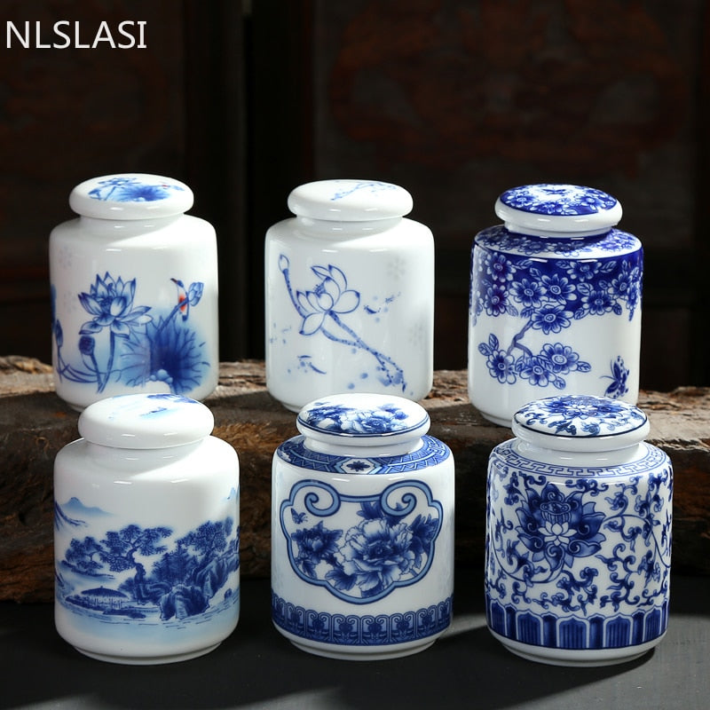 Chinese Blue and White Porcelain Ceramics Tea Caddy Tieguanyin Sealed Containers Travel Tea Bag Storage Box Coffee Canister acacuss
