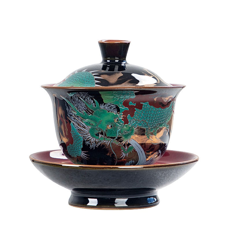 Chinese Green Dragon Gaiwan Wired Enamel Ceramic Jucai Tea Bowl Vintage Palace Style Kung Fu Tea Set Luxurious Business Gifts acacuss