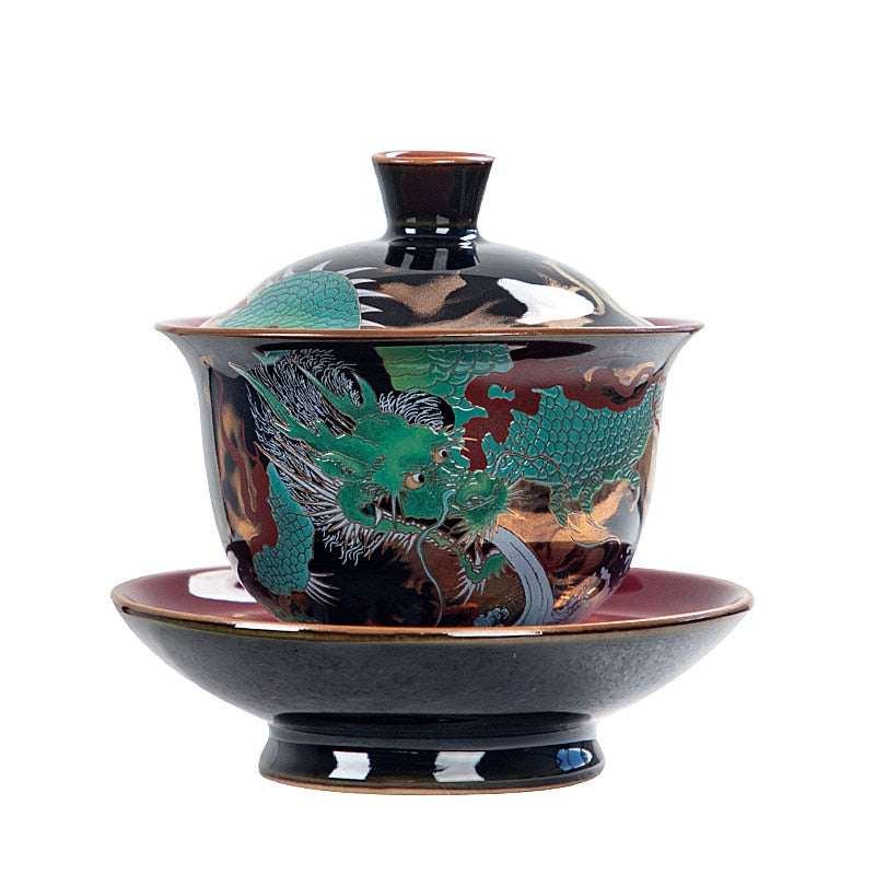 Chinese Green Dragon Gaiwan Wired Enamel Ceramic Jucai Tea Bowl Vintage Palace Style Kung Fu Tea Set Luxurious Business Gifts acacuss