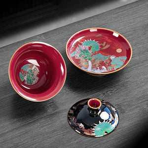 Chinese Green Dragon Gaiwan Wired Enamel Ceramic Jucai Tea Bowl Vintage Palace Style Kung Fu Tea Set Luxurious Business Gifts acacuss