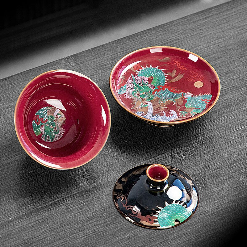 Chinese Green Dragon Gaiwan Wired Enamel Ceramic Jucai Tea Bowl Vintage Palace Style Kung Fu Tea Set Luxurious Business Gifts acacuss
