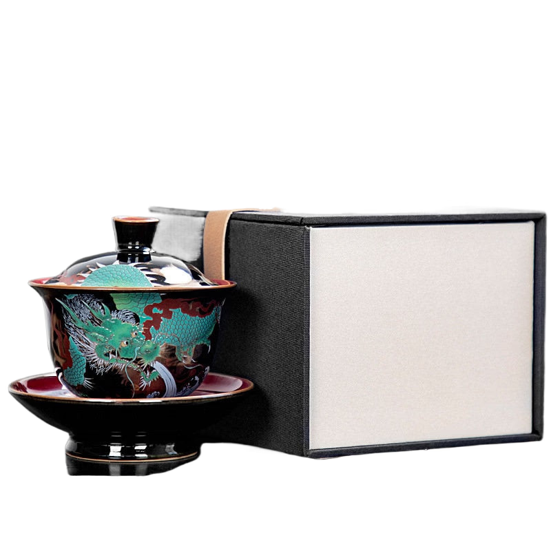 Chinese Green Dragon Gaiwan Wired Enamel Ceramic Jucai Tea Bowl Vintage Palace Style Kung Fu Tea Set Luxurious Business Gifts acacuss