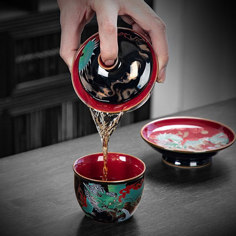 Chinese Green Dragon Gaiwan Wired Enamel Ceramic Jucai Tea Bowl Vintage Palace Style Kung Fu Tea Set Luxurious Business Gifts acacuss
