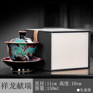 Chinese Green Dragon Gaiwan Wired Enamel Ceramic Jucai Tea Bowl Vintage Palace Style Kung Fu Tea Set Luxurious Business Gifts acacuss