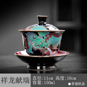 Chinese Green Dragon Gaiwan Wired Enamel Ceramic Jucai Tea Bowl Vintage Palace Style Kung Fu Tea Set Luxurious Business Gifts acacuss