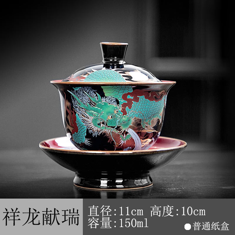 Chinese Green Dragon Gaiwan Wired Enamel Ceramic Jucai Tea Bowl Vintage Palace Style Kung Fu Tea Set Luxurious Business Gifts acacuss