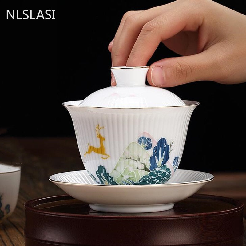 Chinese Handmade Ceramic Gaiwan Teacup Boutique Small Tea Bowl White Porcelain Tea Set Accessories Portable Travel Drinkware acacuss