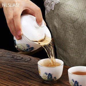 Chinese Handmade Ceramic Gaiwan Teacup Boutique Small Tea Bowl White Porcelain Tea Set Accessories Portable Travel Drinkware acacuss