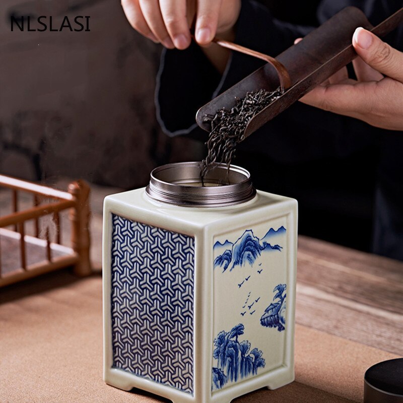 Chinese Square Ceramics Tea Caddy Oolong Tieguanyin Containers Travel Tea Bag Sealed Jar Coffee Canister Kitchen Spice Organizer acacuss