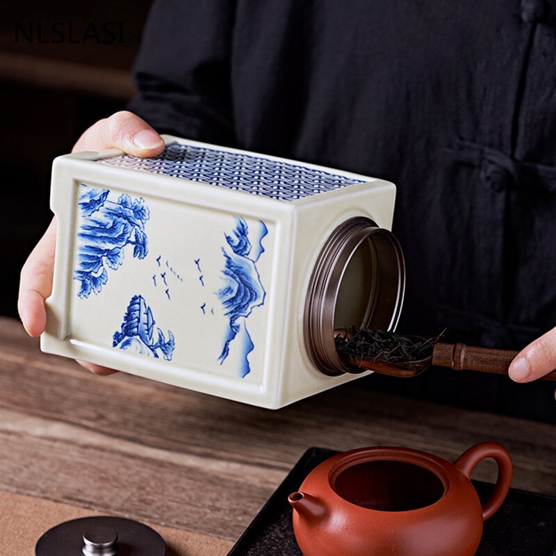 Chinese Square Ceramics Tea Caddy Oolong Tieguanyin Containers Travel Tea Bag Sealed Jar Coffee Canister Kitchen Spice Organizer acacuss