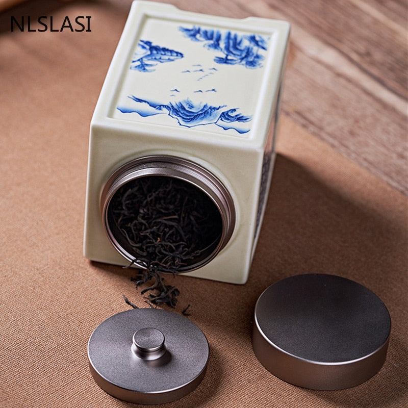Chinese Square Ceramics Tea Caddy Oolong Tieguanyin Containers Travel Tea Bag Sealed Jar Coffee Canister Kitchen Spice Organizer acacuss