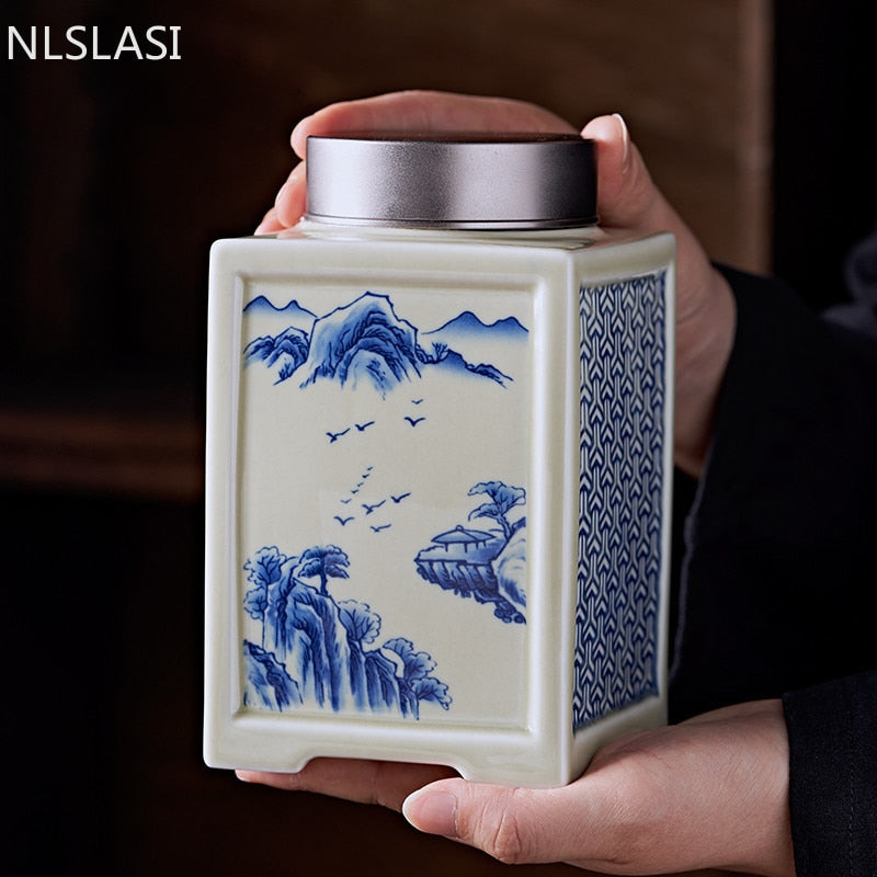Chinese Square Ceramics Tea Caddy Oolong Tieguanyin Containers Travel Tea Bag Sealed Jar Coffee Canister Kitchen Spice Organizer acacuss