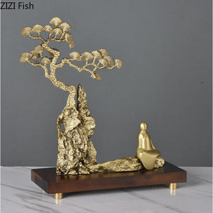 Chinese Style Brass Ornaments Welcoming Pine Statue Sculpture Household Accessories Living Room Decoration Crafts Figurines Gift acacuss