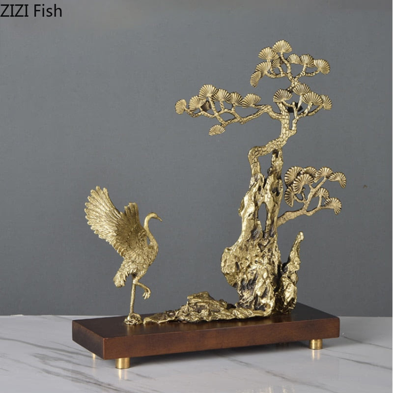 Chinese Style Brass Ornaments Welcoming Pine Statue Sculpture Household Accessories Living Room Decoration Crafts Figurines Gift acacuss