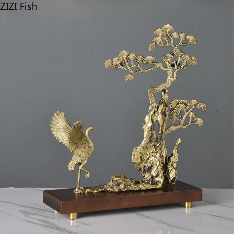 Chinese Style Brass Ornaments Welcoming Pine Statue Sculpture Household Accessories Living Room Decoration Crafts Figurines Gift acacuss