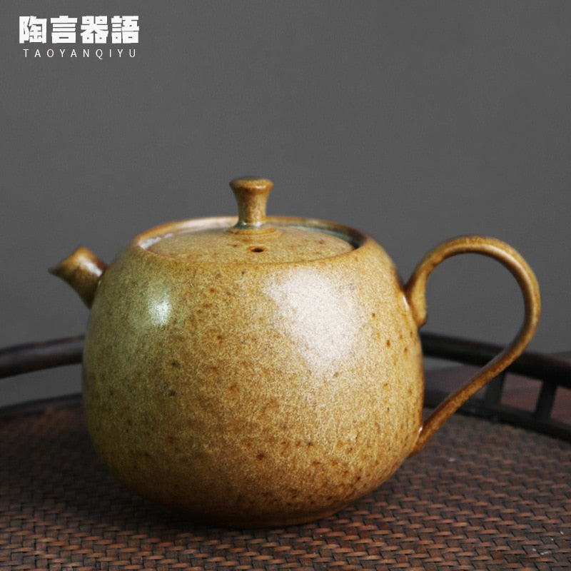 Chinese style retro stoneware persimmon shape hand-held teapot, handmade pottery kiln, personalized tea maker acacuss