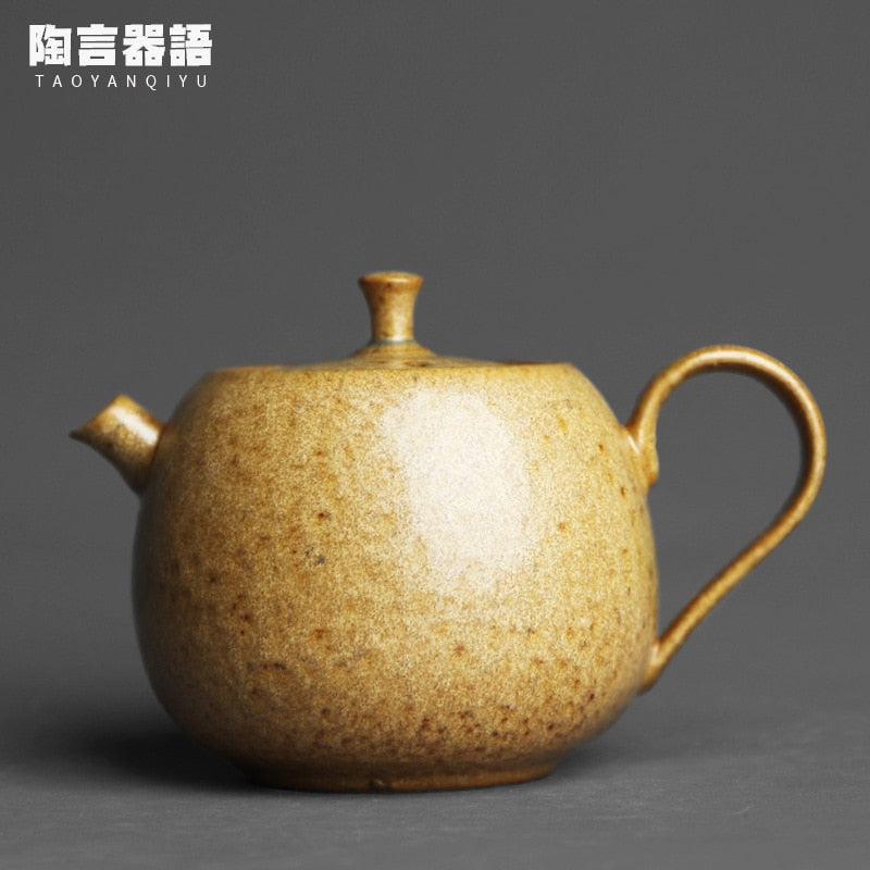 Chinese style retro stoneware persimmon shape hand-held teapot, handmade pottery kiln, personalized tea maker acacuss