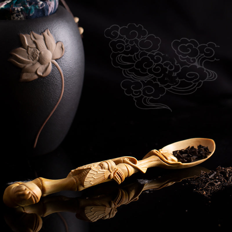 Chinese zen tea spoon Handmade craft wood carving acacuss
