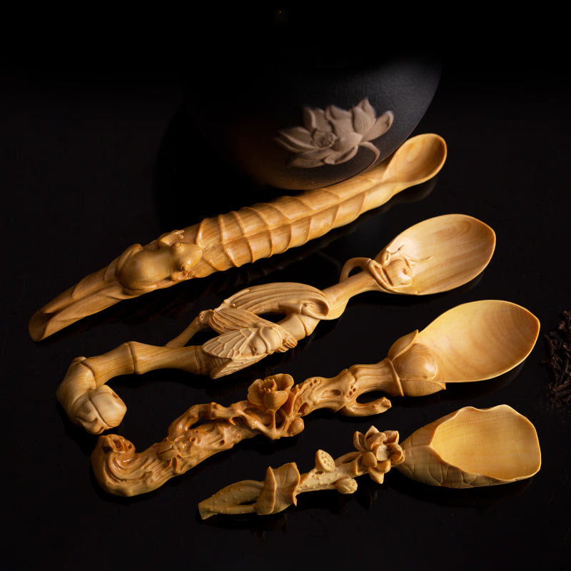 Chinese zen tea spoon Handmade craft wood carving acacuss