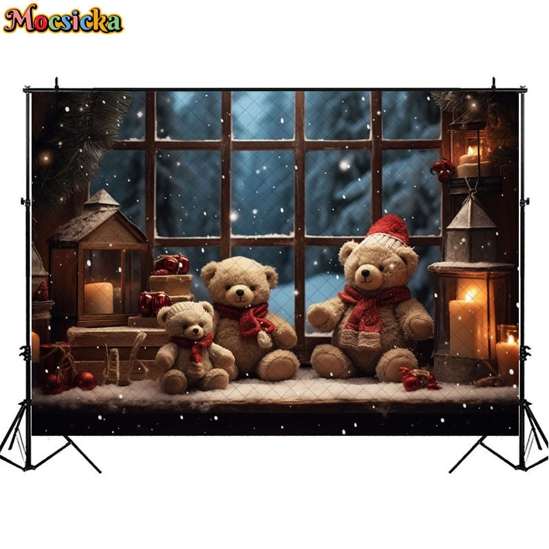 Christmas Bear Toy Photography Backdrops Baby Kids Portrait Photocall Xmas Windowsill Winter Snow Forest Background Decor Props acacuss