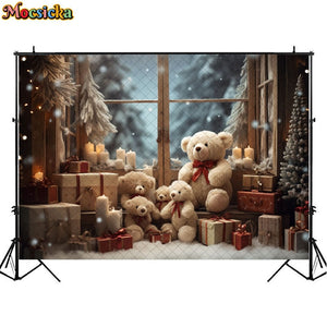 Christmas Bear Toy Photography Backdrops Baby Kids Portrait Photocall Xmas Windowsill Winter Snow Forest Background Decor Props acacuss