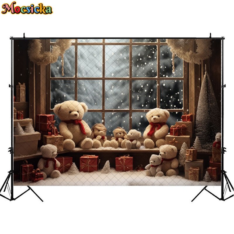 Christmas Bear Toy Photography Backdrops Baby Kids Portrait Photocall Xmas Windowsill Winter Snow Forest Background Decor Props acacuss