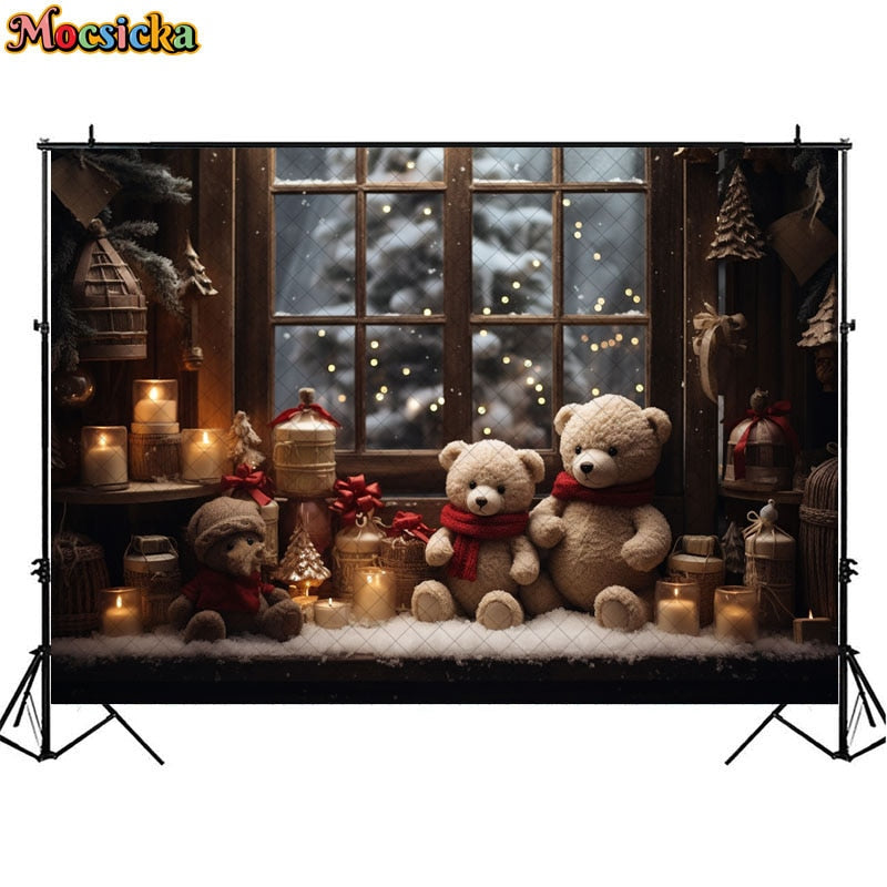 Christmas Bear Toy Photography Backdrops Baby Kids Portrait Photocall Xmas Windowsill Winter Snow Forest Background Decor Props acacuss