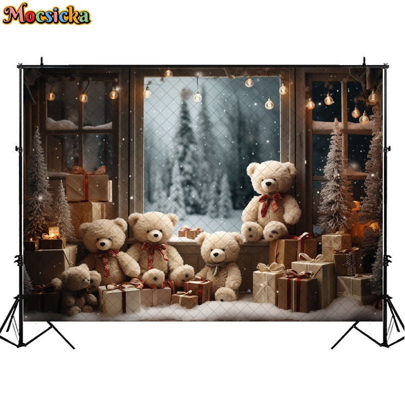 Christmas Bear Toy Photography Backdrops Baby Kids Portrait Photocall Xmas Windowsill Winter Snow Forest Background Decor Props acacuss