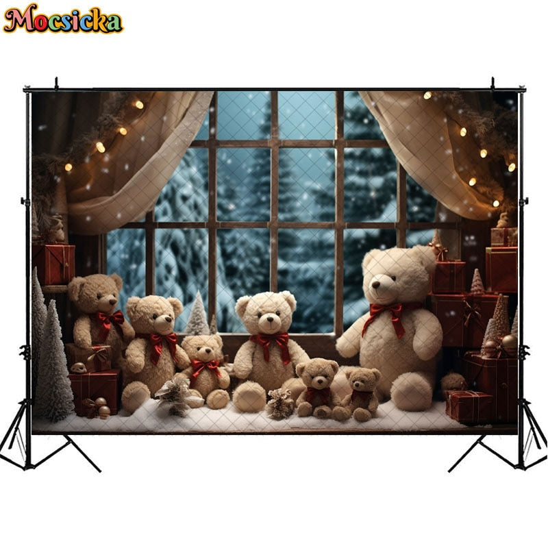 Christmas Bear Toy Photography Backdrops Baby Kids Portrait Photocall Xmas Windowsill Winter Snow Forest Background Decor Props acacuss