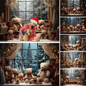 Christmas Bear Toy Photography Backdrops Baby Kids Portrait Photocall Xmas Windowsill Winter Snow Forest Background Decor Props acacuss