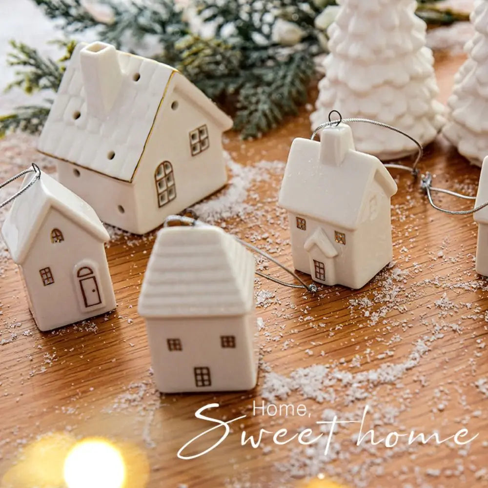 Christmas Ceramic House Pendant Hollow out Snow House Christmas Tree Charms Decoration Happy New Year Decoration Gifts acacuss