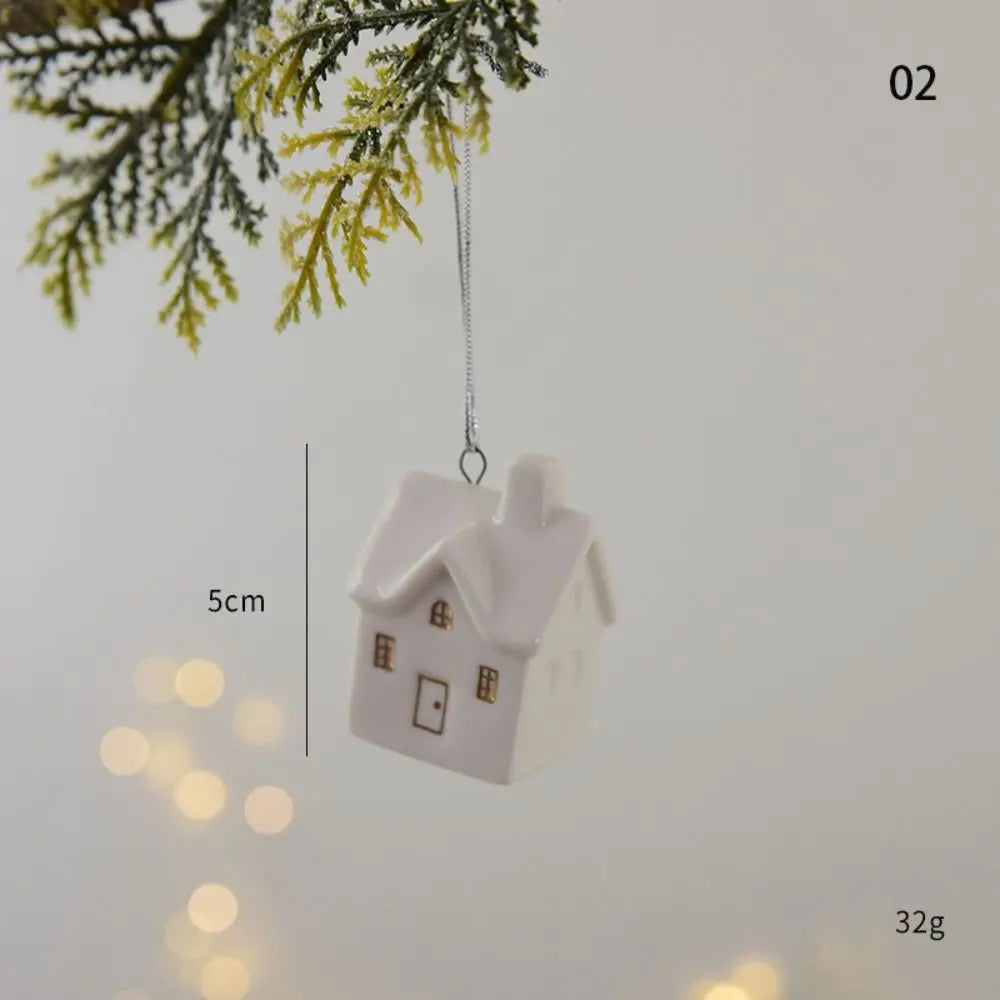 Christmas Ceramic House Pendant Hollow out Snow House Christmas Tree Charms Decoration Happy New Year Decoration Gifts acacuss