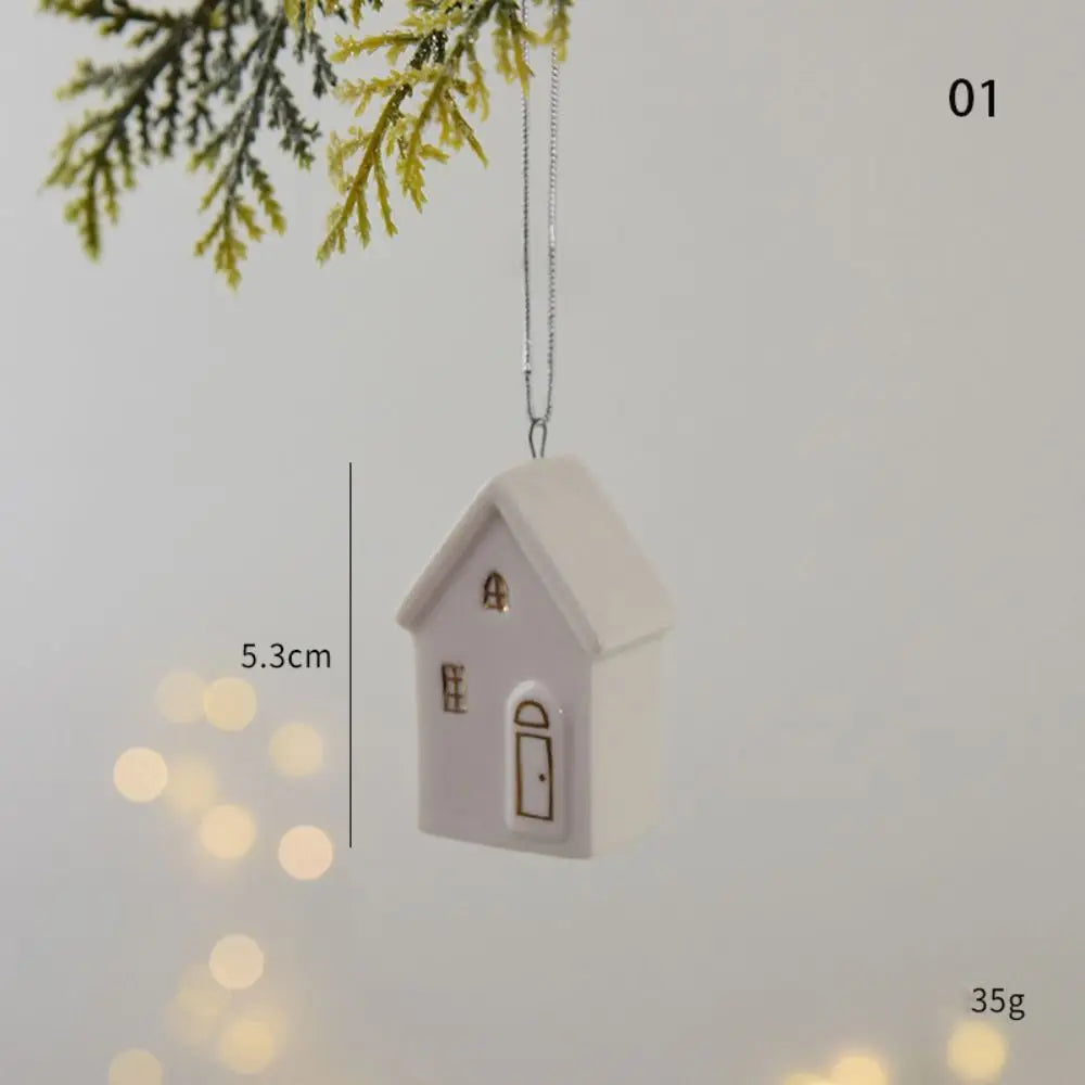 Christmas Ceramic House Pendant Hollow out Snow House Christmas Tree Charms Decoration Happy New Year Decoration Gifts acacuss