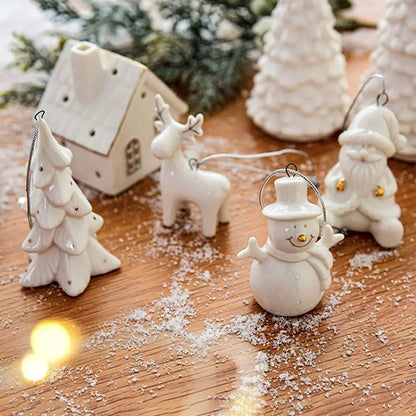 Christmas Ceramic House Pendant Hollow out Snow House Christmas Tree Charms Decoration Happy New Year Decoration Gifts acacuss