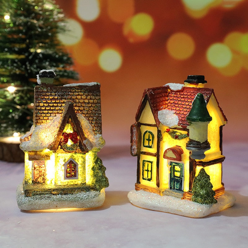 Christmas LED Light House Christmas Tree Decorations Resin Small House Micro Landscape Ornament Xmas Gift Home Decor Supplies acacuss