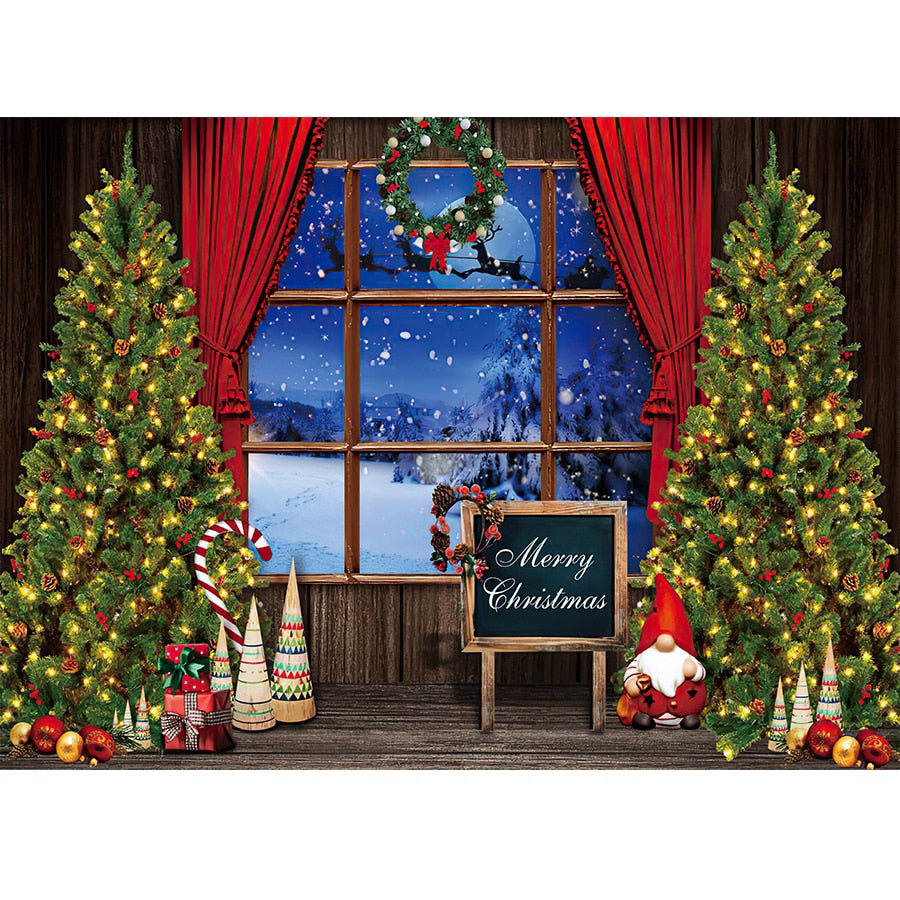 Christmas Photography Backdrop Photocall Window Tree Gift Baby Portrait Party Decor Background Photographic Photo Studio acacuss