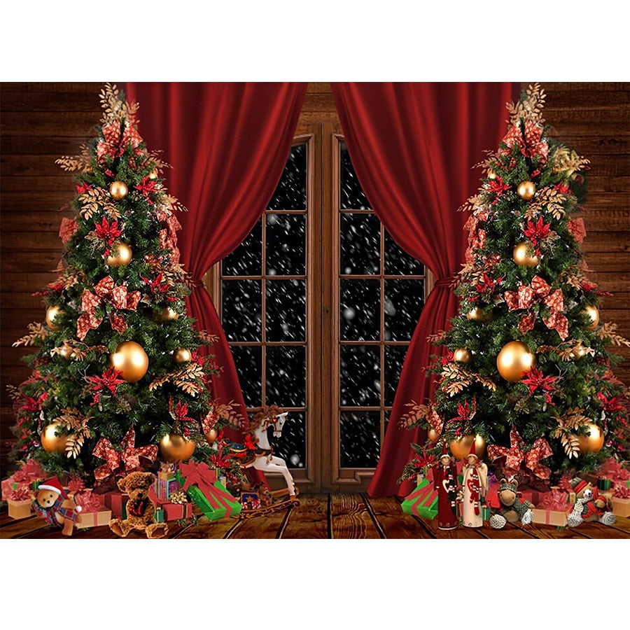 Christmas Photography Backdrop Photocall Window Tree Gift Baby Portrait Party Decor Background Photographic Photo Studio acacuss