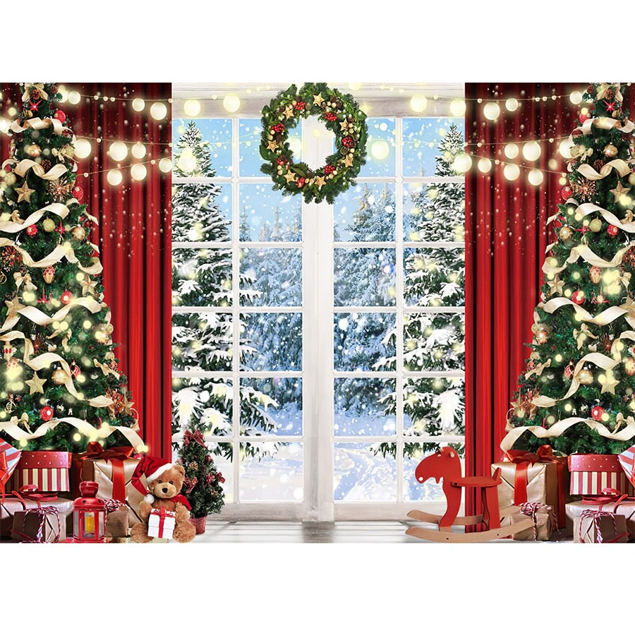 Christmas Photography Backdrop Photocall Window Tree Gift Baby Portrait Party Decor Background Photographic Photo Studio acacuss