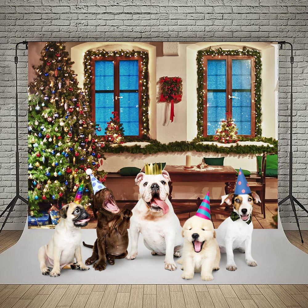 Christmas Photography Backdrop Photocall Window Tree Gift Party Decor Background Portrait Photographic Kids Photo Studio acacuss