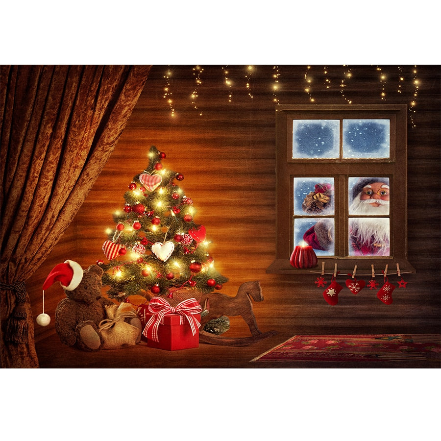 Christmas Photography Backdrop Photocall Window Tree Gift Party Decor Background Portrait Photographic Kids Photo Studio acacuss