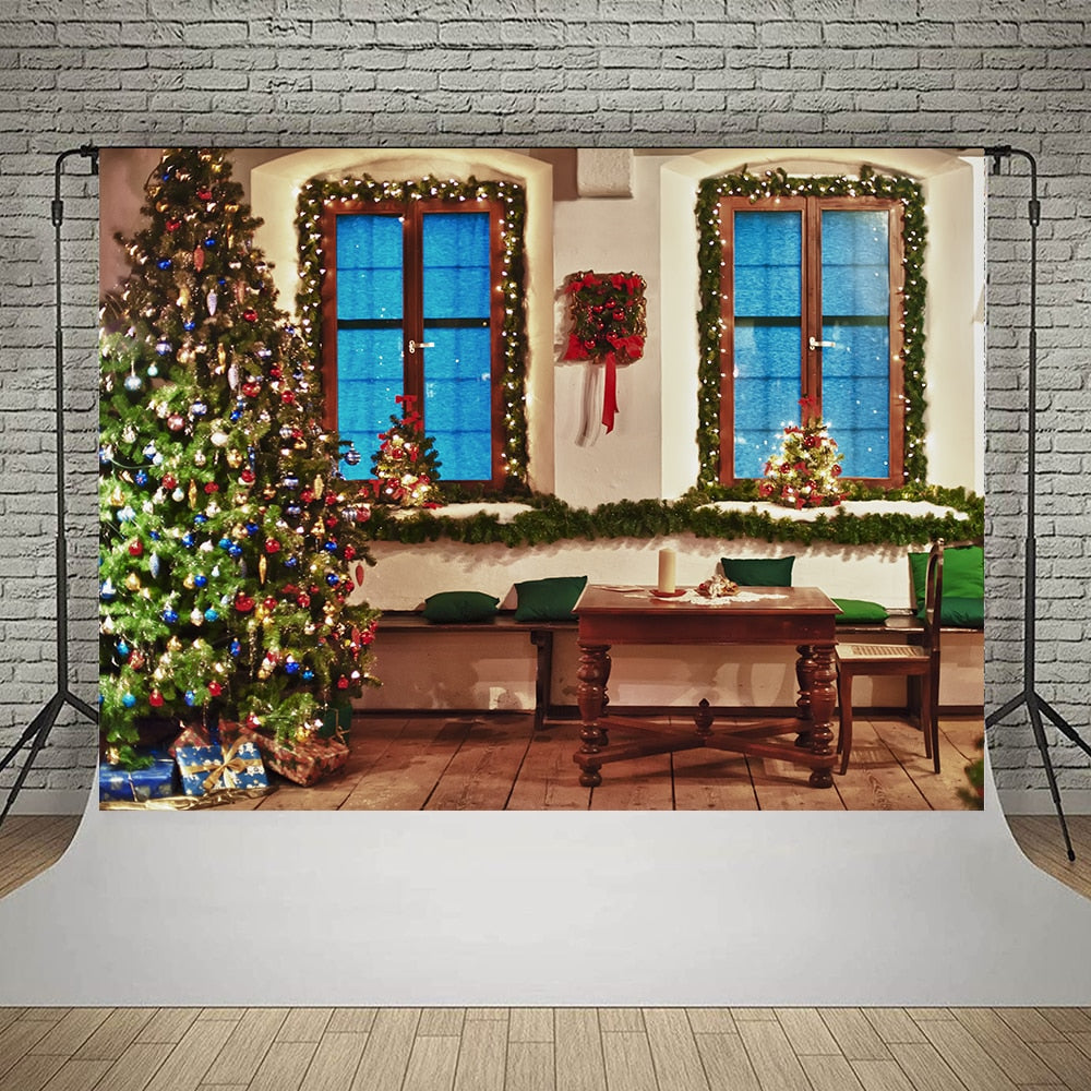 Christmas Photography Backdrop Photocall Window Tree Gift Party Decor Background Portrait Photographic Kids Photo Studio acacuss