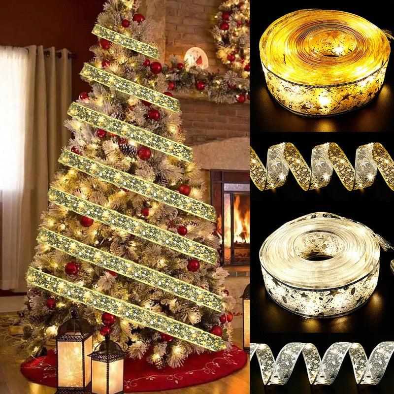 Christmas Ribbon Fairy Light Christmas Decoration DIY Bows String Light Tree Ornaments For Home 2023 Xmas Decor New Year Navidad acacuss