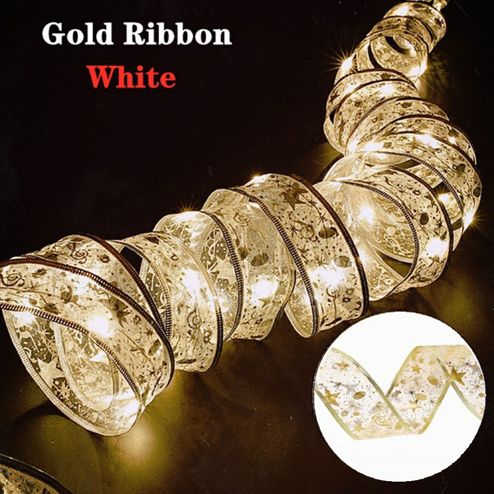 Christmas Ribbon Fairy Light Christmas Decoration DIY Bows String Light Tree Ornaments For Home 2023 Xmas Decor New Year Navidad acacuss