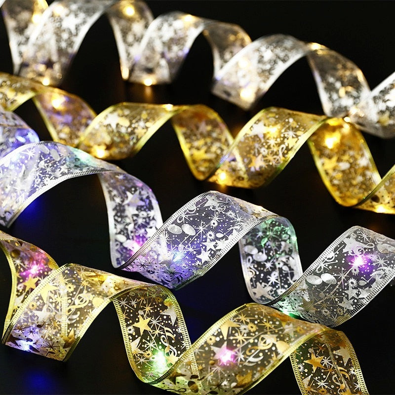 Christmas Ribbon Fairy Light Christmas Decoration DIY Bows String Light Tree Ornaments For Home 2023 Xmas Decor New Year Navidad acacuss