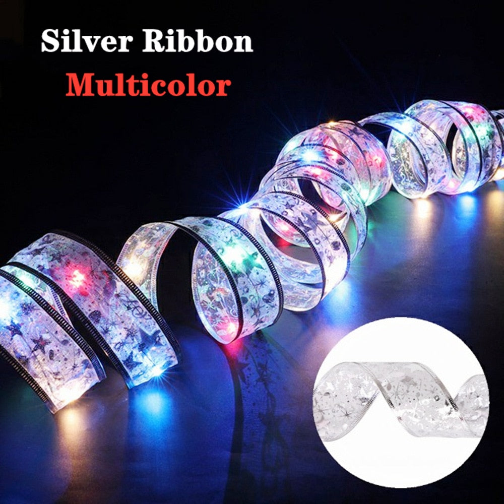 Christmas Ribbon Fairy Light Christmas Decoration DIY Bows String Light Tree Ornaments For Home 2023 Xmas Decor New Year Navidad acacuss