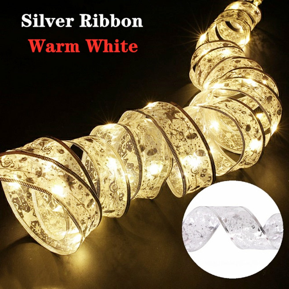 Christmas Ribbon Fairy Light Christmas Decoration DIY Bows String Light Tree Ornaments For Home 2023 Xmas Decor New Year Navidad acacuss